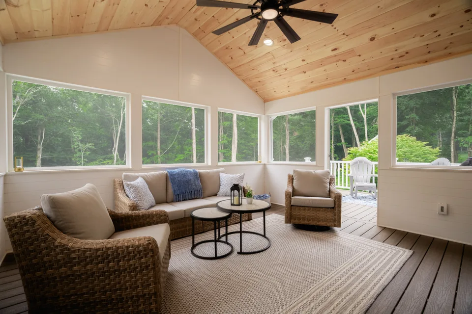 Finished screened porch: pine cathedral ceiling, screened openings on three sides, furnished — Exterior Services LLC, Ridgefield, CT